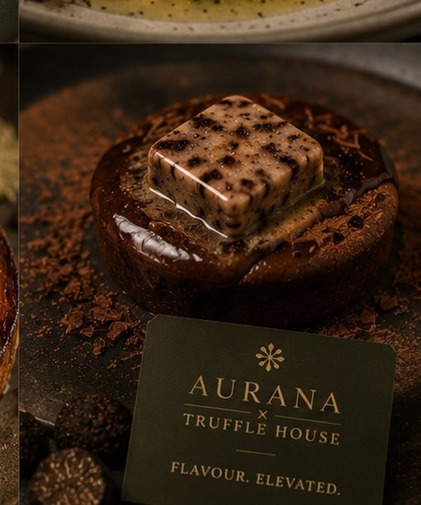 Espresso and cocoa nib truffle butter over warm chocolate cake