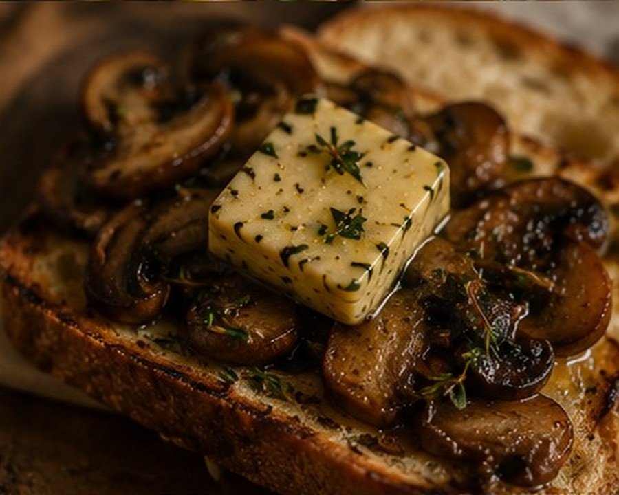 Mushrooms and herb butter on toasted sourdough