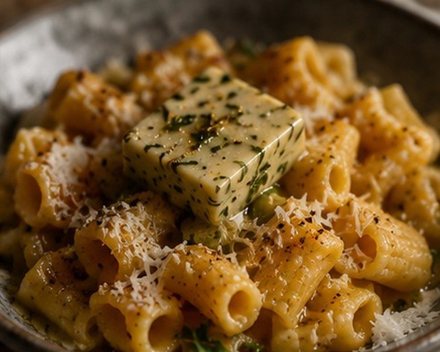 Rigatoni finished with a cube of Aurana butter and parmesan