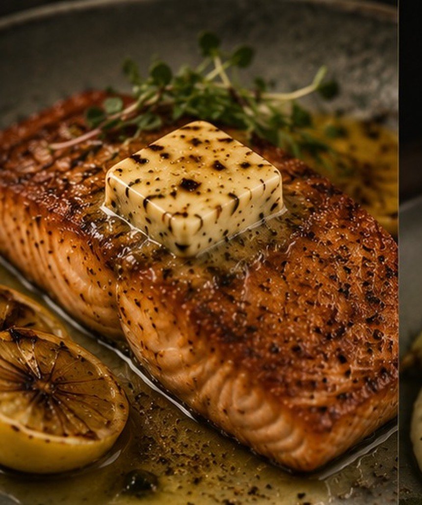 Salmon finished with truffle butter