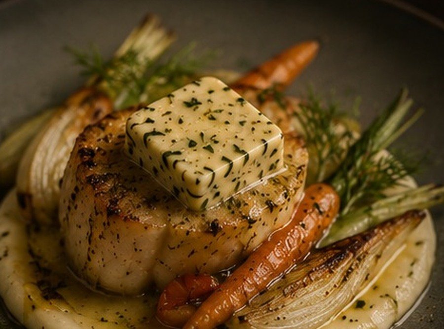 A plated scallop finished with truffle butter