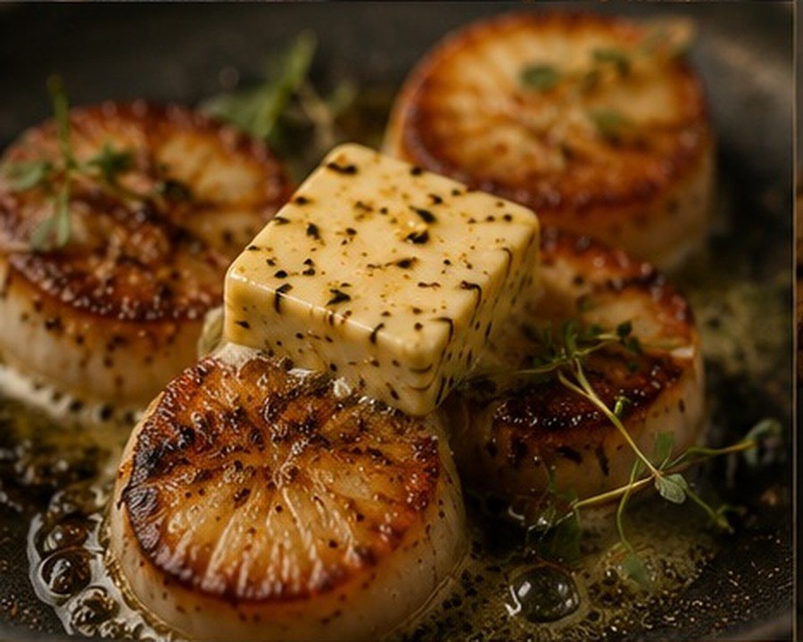 Seared scallops finished with Aurana butter